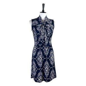 Banana Republic Dress A-line Tie Neck Navy Blue White Print Women’s Size XS